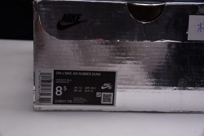 ow x nike air rubber dunk “university gold” cu6015-100