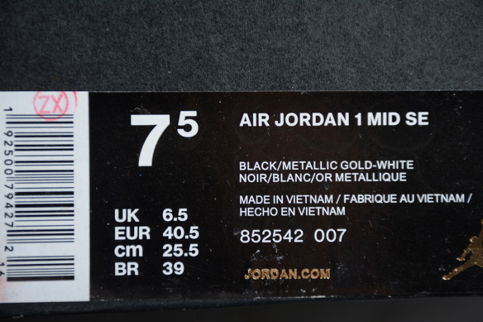 jordan 1 mid patent black white gold 852542-007